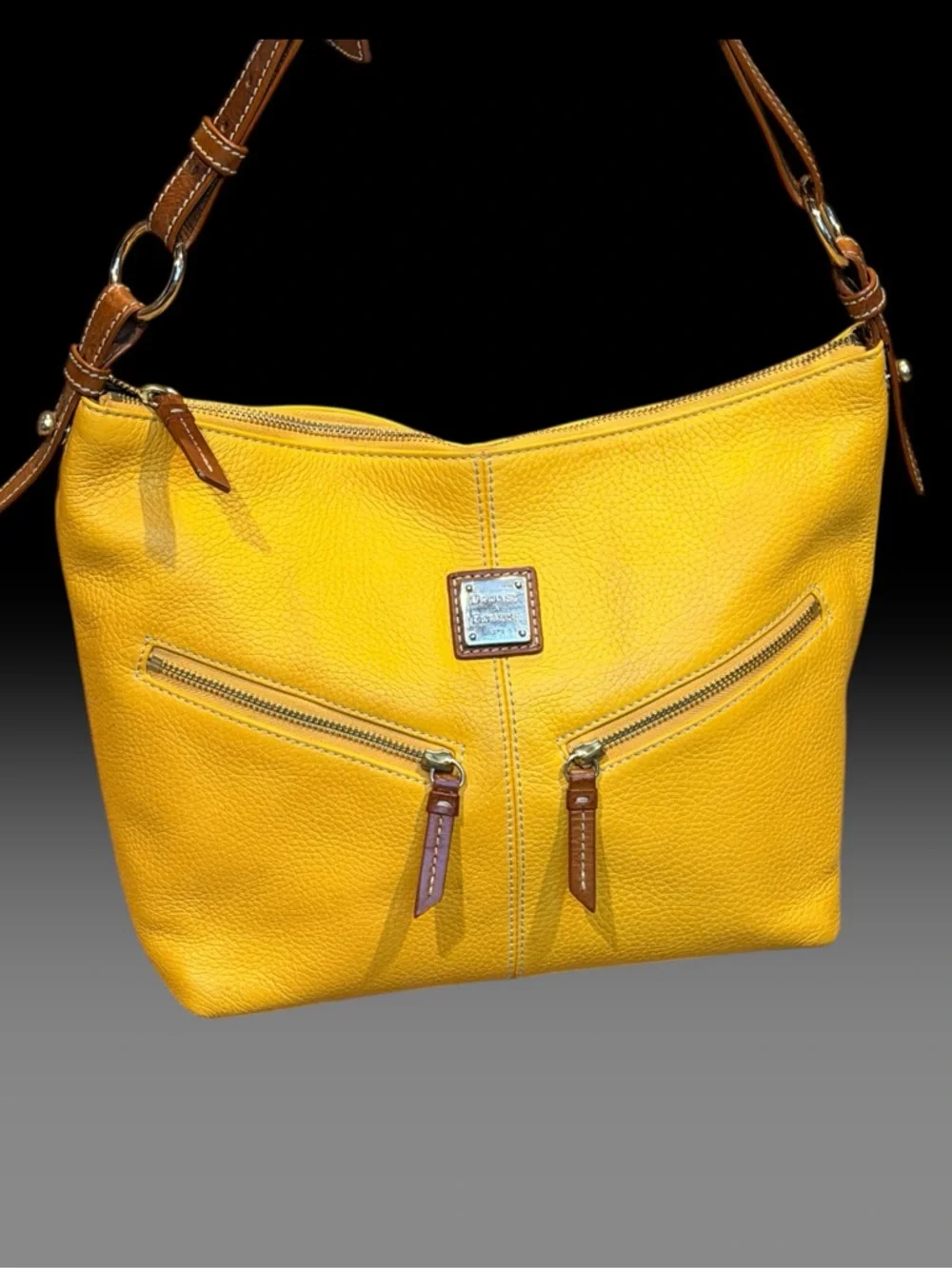 Dooney & Bourke Yellow Pebble Leather Hobo Bag Brown Trim Large Shoulder